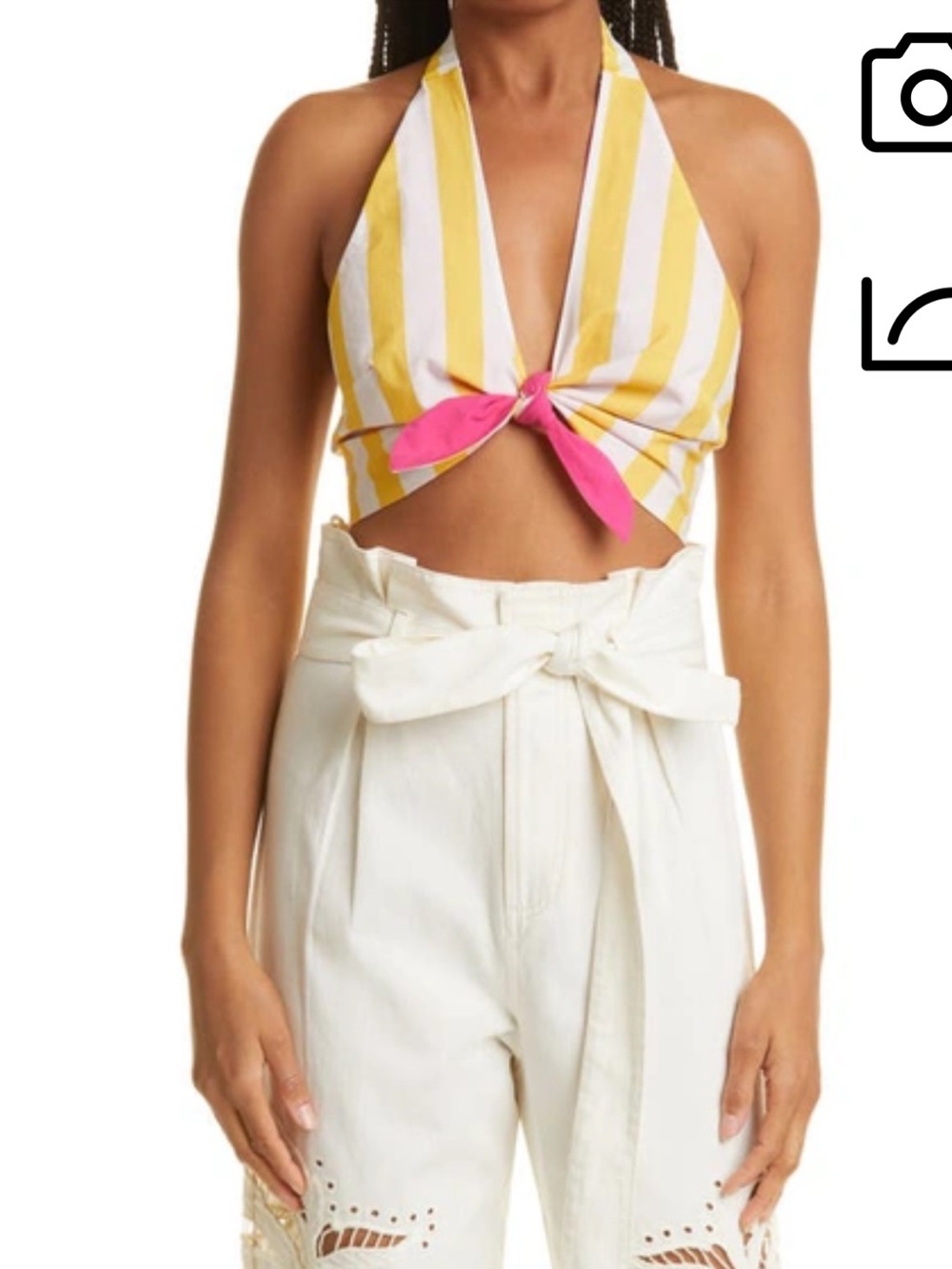 Farm Rio NWT Cropped Striped Cotton Halterneck Top Yellow Stripes Size XL
